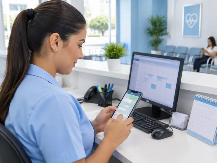 Recepcionista respondendo mensagens de WhatsApp no balcão da clínica