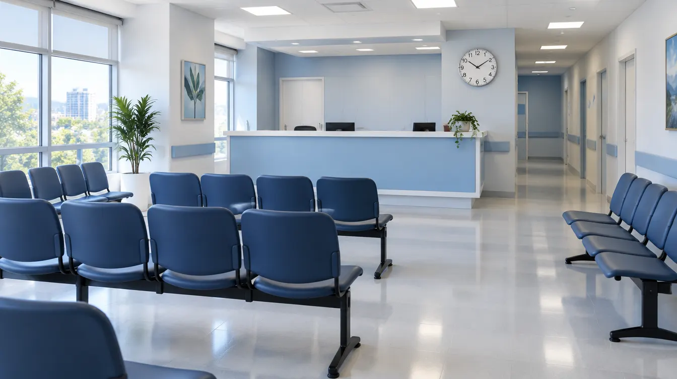 Sala de espera de consultório vazia, com cadeiras desocupadas